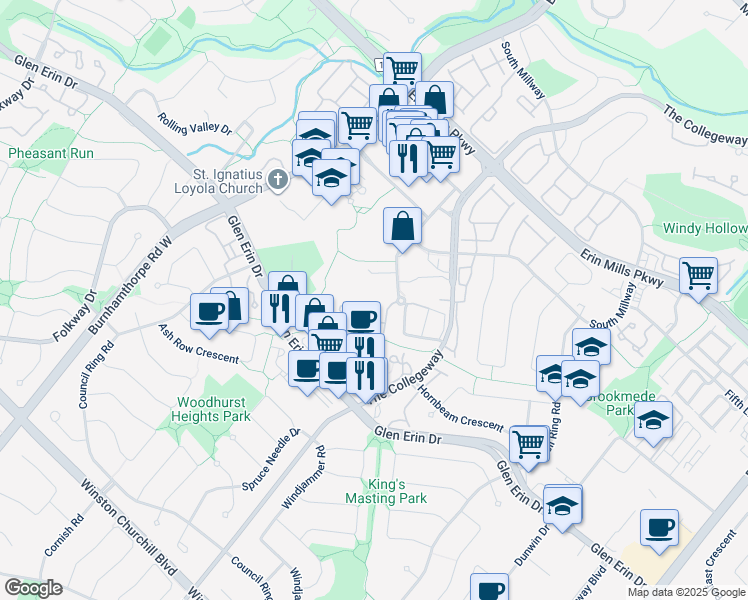 map of restaurants, bars, coffee shops, grocery stores, and more near 2305 South Millway in Mississauga