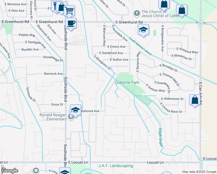 map of restaurants, bars, coffee shops, grocery stores, and more near 3099 South Avondale Avenue in Nampa