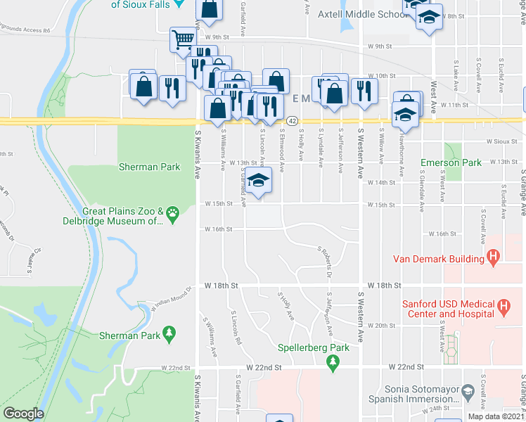 map of restaurants, bars, coffee shops, grocery stores, and more near 2421 West 15th Street in Sioux Falls