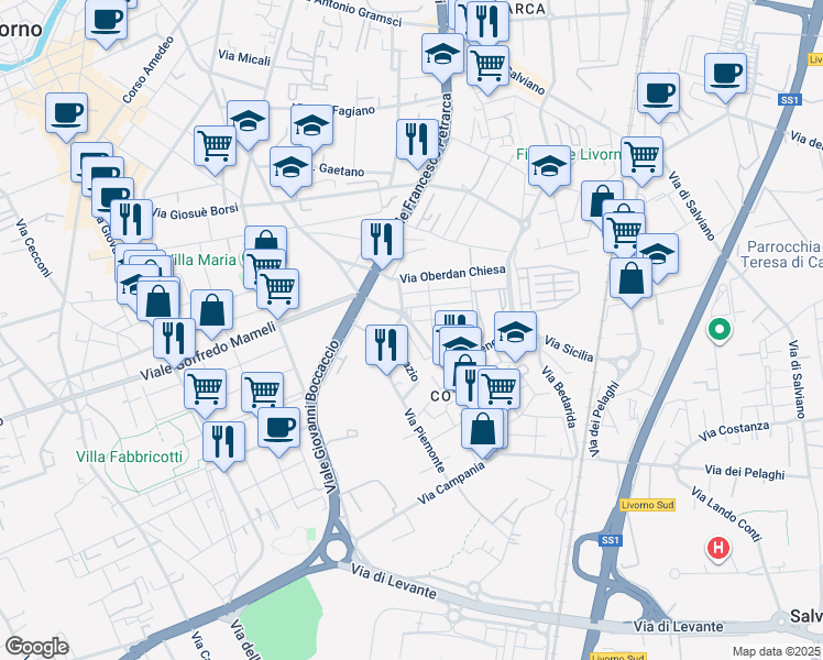 map of restaurants, bars, coffee shops, grocery stores, and more near Via Antonio Meucci in Livorno