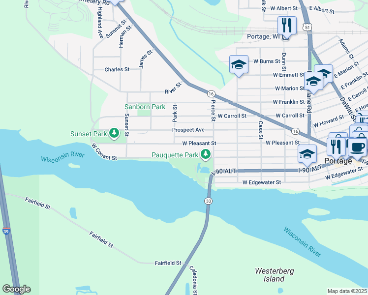 map of restaurants, bars, coffee shops, grocery stores, and more near 921 West Pleasant Street in Portage