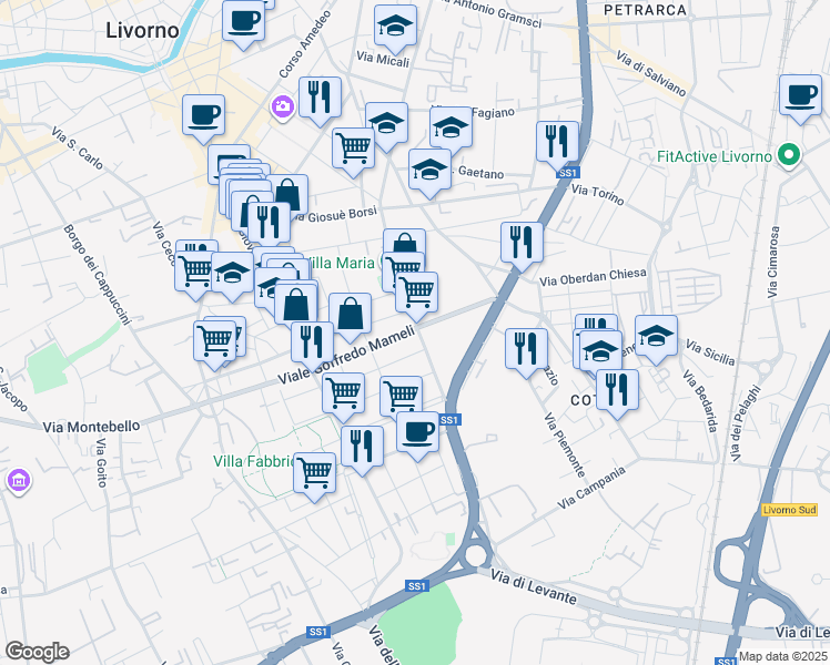 map of restaurants, bars, coffee shops, grocery stores, and more near 53 Via Francesco Redi in Livorno