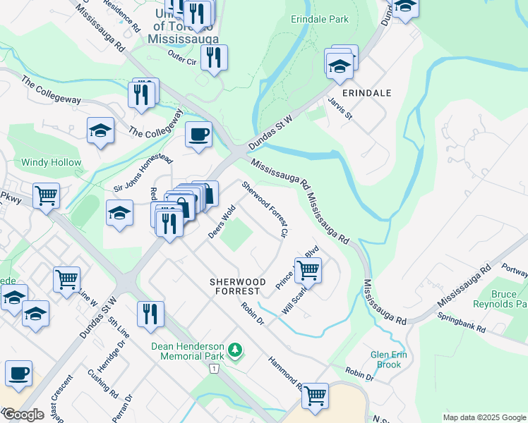 map of restaurants, bars, coffee shops, grocery stores, and more near 1750 Sherwood Forrest Circle in Mississauga