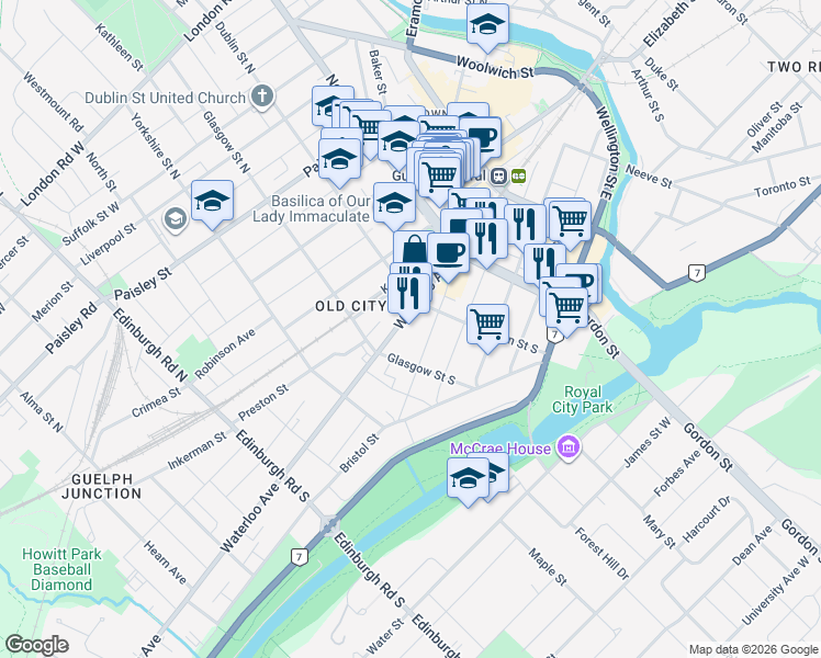 map of restaurants, bars, coffee shops, grocery stores, and more near 19 Dublin Street South in Guelph