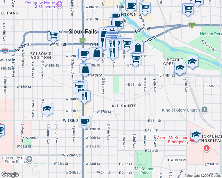 map of restaurants, bars, coffee shops, grocery stores, and more near 622 South Main Avenue in Sioux Falls