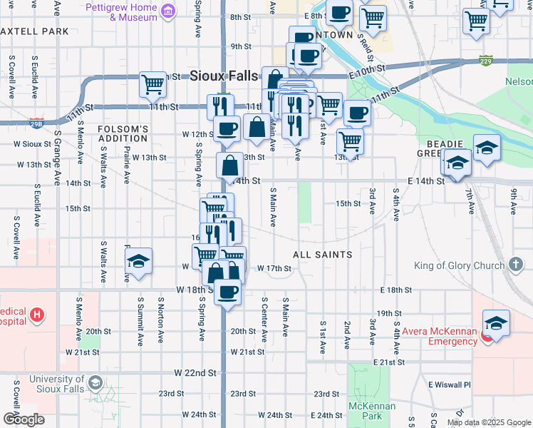 map of restaurants, bars, coffee shops, grocery stores, and more near 628 South Dakota Avenue in Sioux Falls