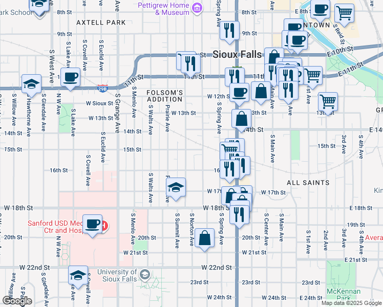 map of restaurants, bars, coffee shops, grocery stores, and more near 624 West 15th Street in Sioux Falls