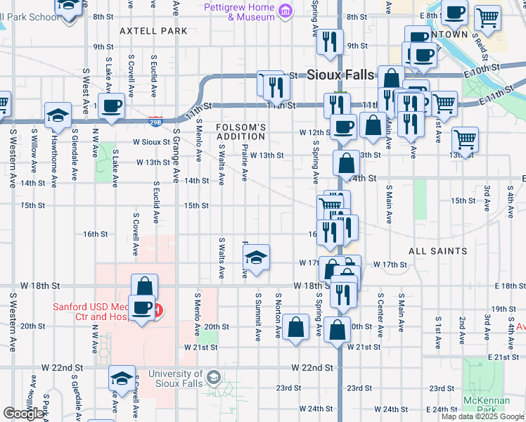 map of restaurants, bars, coffee shops, grocery stores, and more near 716 West 15th Street in Sioux Falls