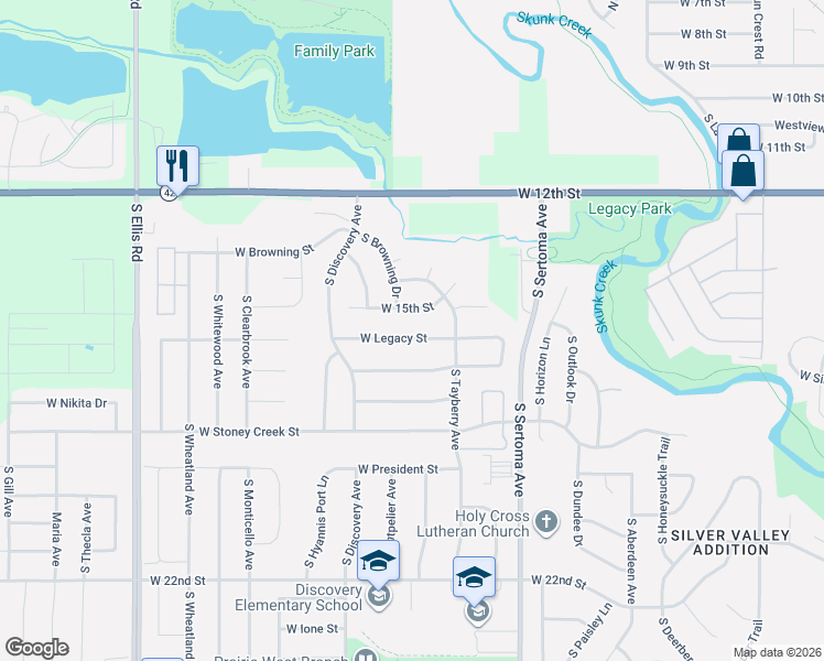 map of restaurants, bars, coffee shops, grocery stores, and more near 7521 West 15th Street in Sioux Falls