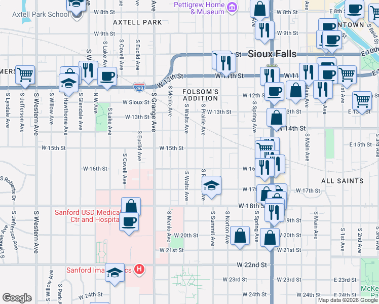 map of restaurants, bars, coffee shops, grocery stores, and more near 812 West 15th Street in Sioux Falls