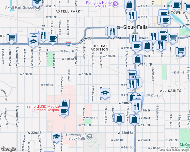 map of restaurants, bars, coffee shops, grocery stores, and more near 812 West 15th Street in Sioux Falls
