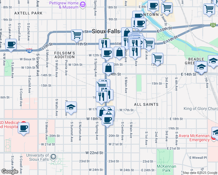 map of restaurants, bars, coffee shops, grocery stores, and more near 623 South Dakota Avenue in Sioux Falls