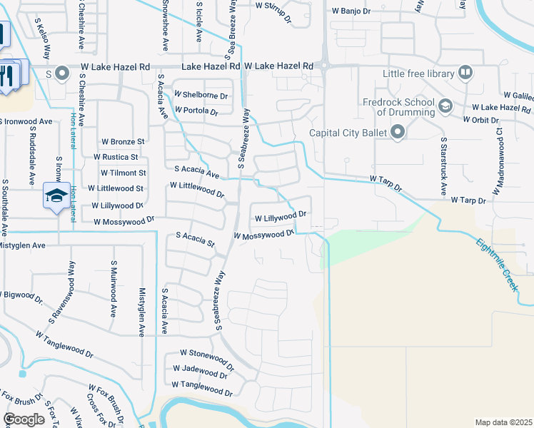 map of restaurants, bars, coffee shops, grocery stores, and more near 9266 West Lillywood Drive in Boise