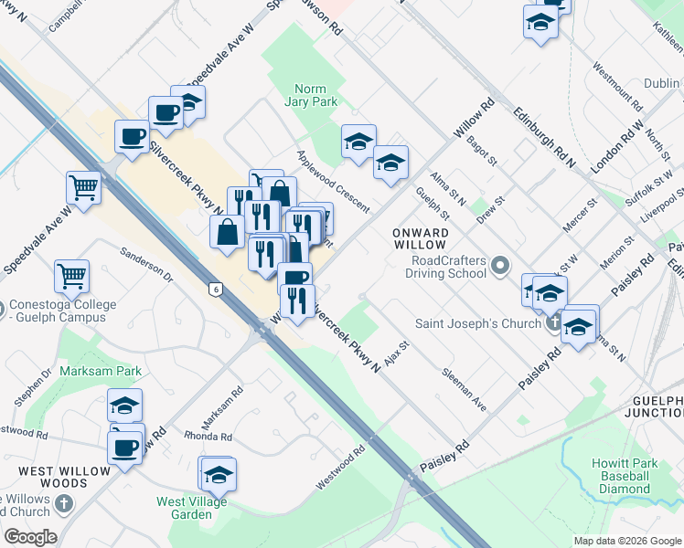 map of restaurants, bars, coffee shops, grocery stores, and more near 246 Willow Road in Guelph