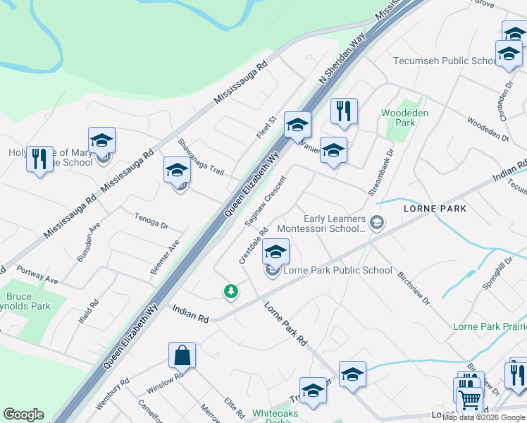 map of restaurants, bars, coffee shops, grocery stores, and more near 1270 Saginaw Crescent in Mississauga