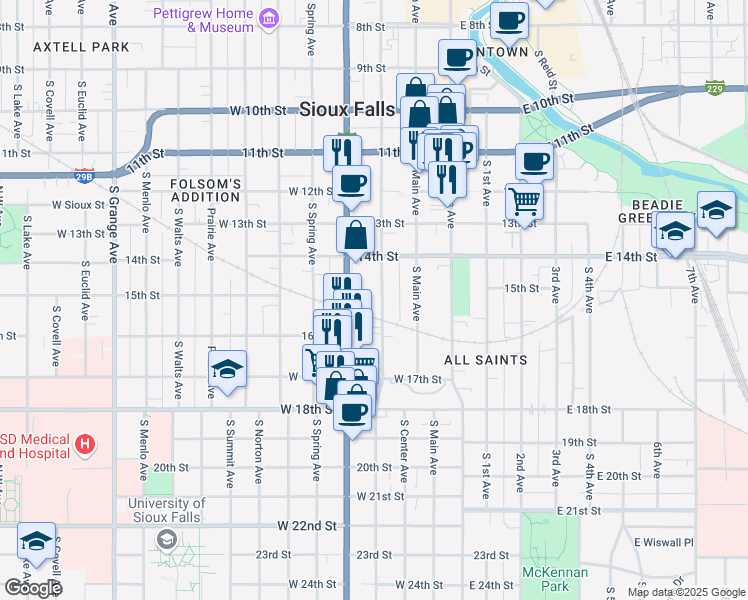 map of restaurants, bars, coffee shops, grocery stores, and more near 635 South Dakota Avenue in Sioux Falls