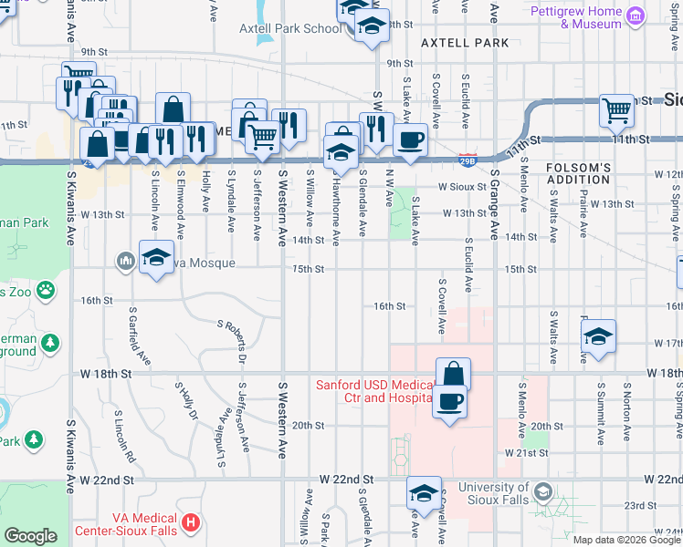 map of restaurants, bars, coffee shops, grocery stores, and more near 1620 West 15th Street in Sioux Falls