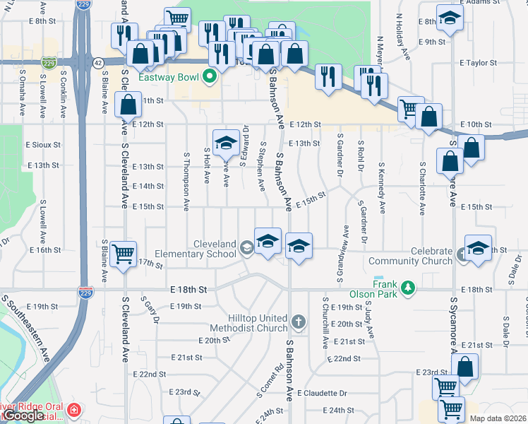 map of restaurants, bars, coffee shops, grocery stores, and more near 700-898 S Stephen Ave in Sioux Falls