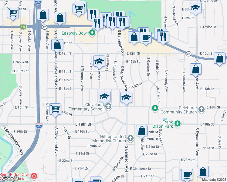 map of restaurants, bars, coffee shops, grocery stores, and more near 3400-3498 E 15th St in Sioux Falls