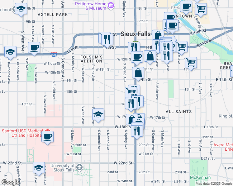 map of restaurants, bars, coffee shops, grocery stores, and more near 620 South Duluth Avenue in Sioux Falls
