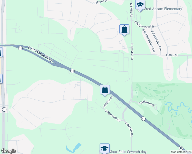 map of restaurants, bars, coffee shops, grocery stores, and more near 7000 East Arrowhead Parkway in Sioux Falls