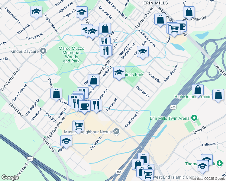 map of restaurants, bars, coffee shops, grocery stores, and more near 4911 Sebastian Drive in Mississauga