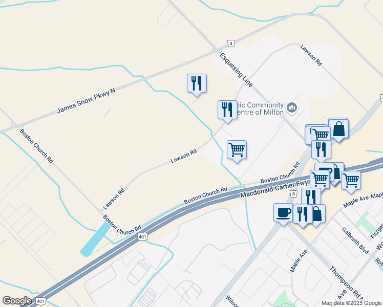 map of restaurants, bars, coffee shops, grocery stores, and more near 8300 Lawson Road in Milton