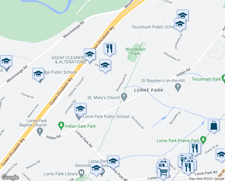 map of restaurants, bars, coffee shops, grocery stores, and more near 1519 Glenhill Crescent in Mississauga