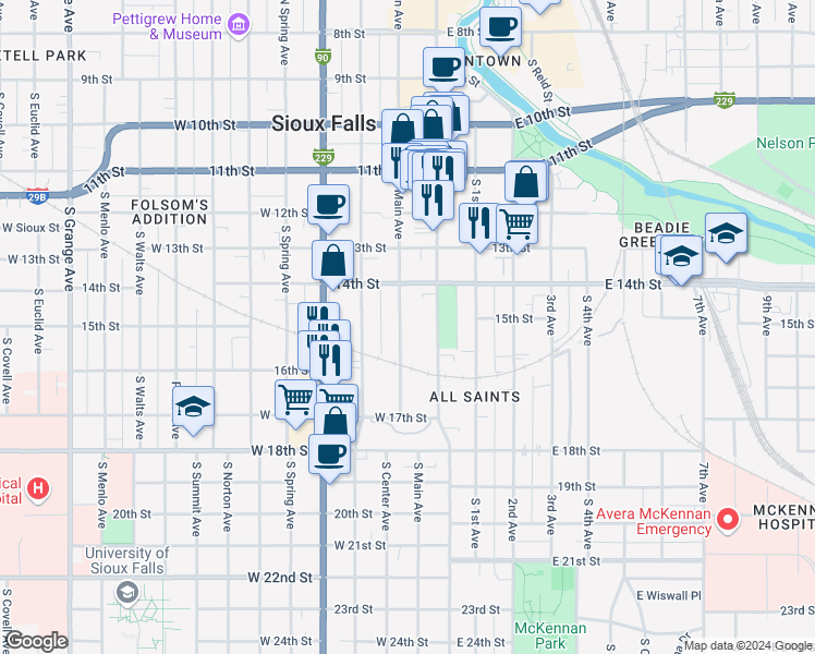 map of restaurants, bars, coffee shops, grocery stores, and more near 638 South Main Avenue in Sioux Falls