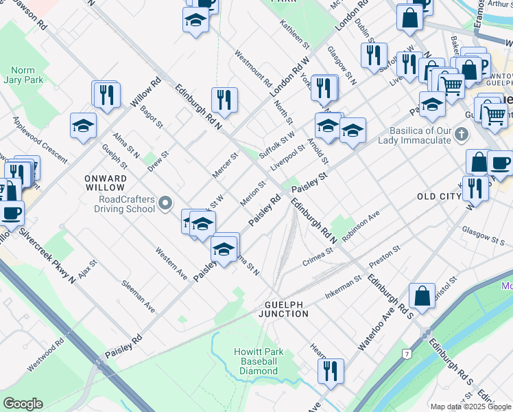map of restaurants, bars, coffee shops, grocery stores, and more near 36 Merion Street in Guelph