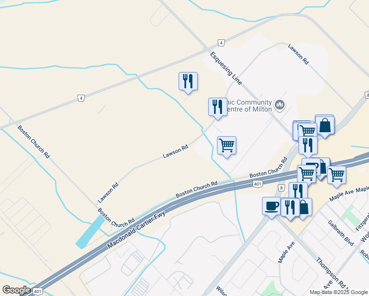 map of restaurants, bars, coffee shops, grocery stores, and more near 8449 Lawson Road in Milton