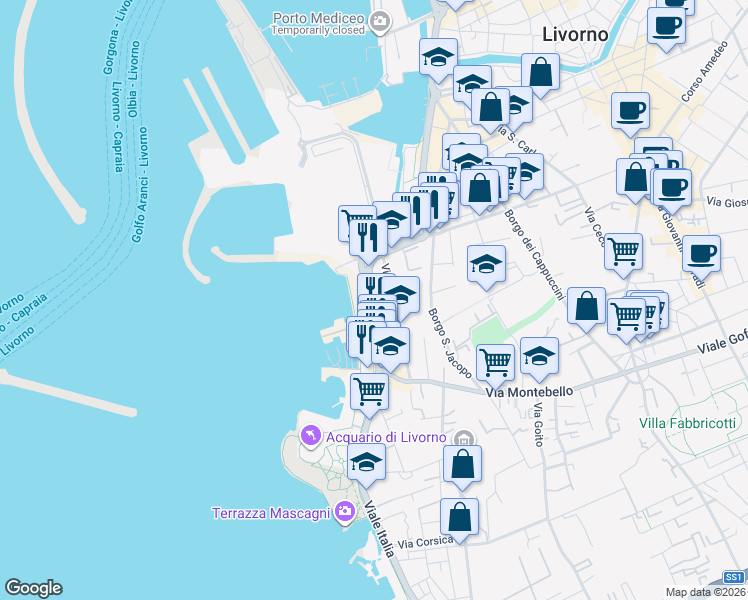 map of restaurants, bars, coffee shops, grocery stores, and more near 1 Largo Bellavista in Livorno