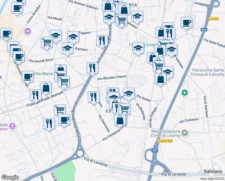map of restaurants, bars, coffee shops, grocery stores, and more near 26 Via del Gelsomino in Livorno