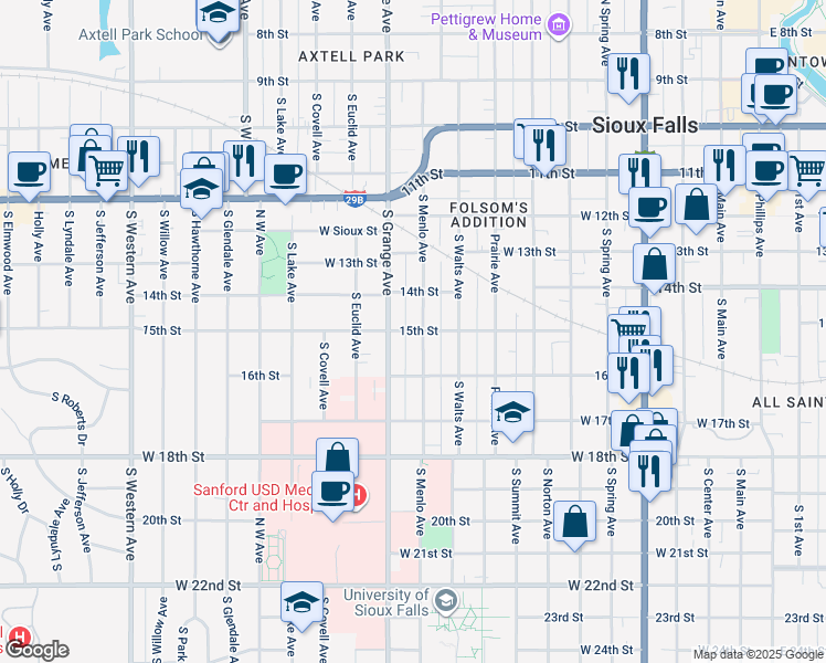 map of restaurants, bars, coffee shops, grocery stores, and more near 1026 W 15th St in Sioux Falls