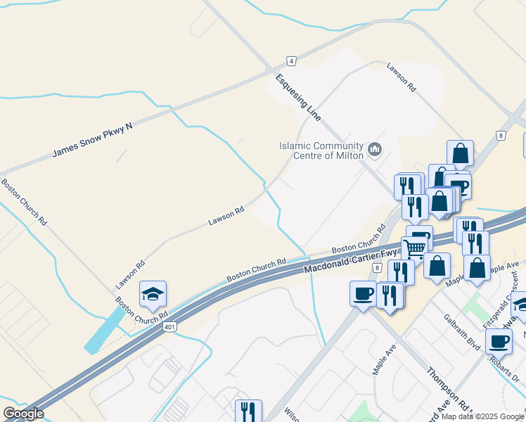 map of restaurants, bars, coffee shops, grocery stores, and more near 8300 Lawson Road in Milton