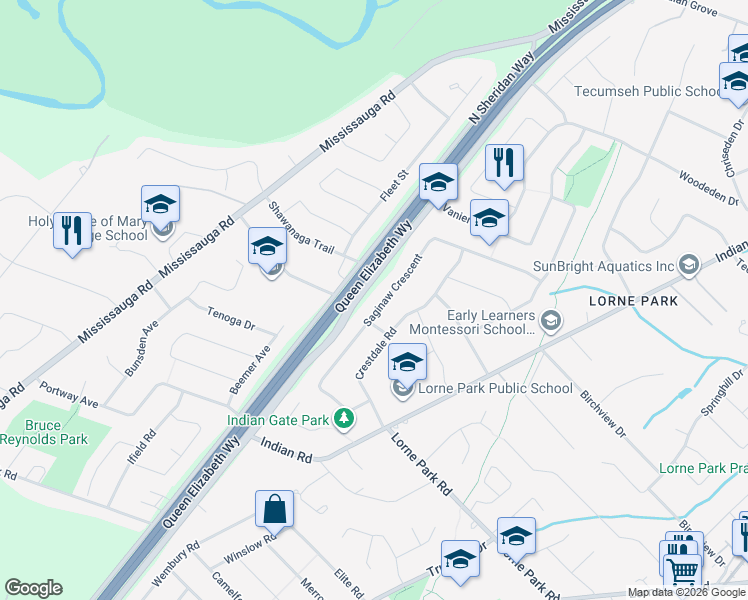 map of restaurants, bars, coffee shops, grocery stores, and more near 1275 Saginaw Crescent in Mississauga
