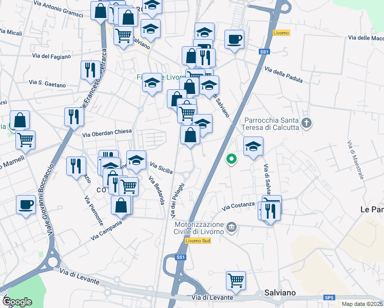 map of restaurants, bars, coffee shops, grocery stores, and more near 86 Via Domenico Cimarosa in Livorno