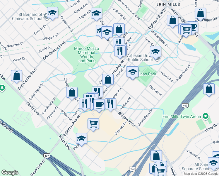 map of restaurants, bars, coffee shops, grocery stores, and more near 3577 Southwick Street in Mississauga