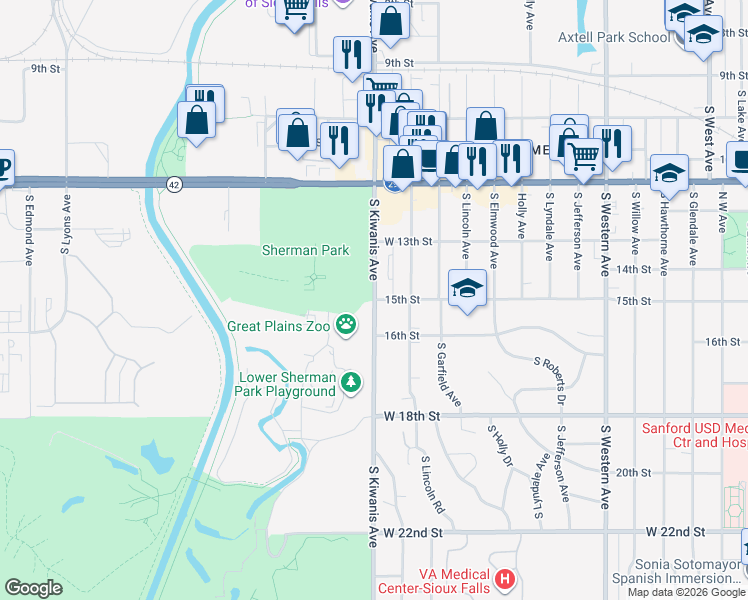 map of restaurants, bars, coffee shops, grocery stores, and more near S Kiwanis Ave & W 15th St in Sioux Falls