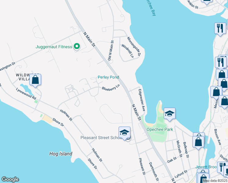 map of restaurants, bars, coffee shops, grocery stores, and more near 30 Blueberry Lane in Laconia