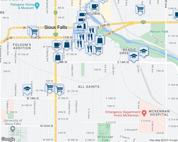 map of restaurants, bars, coffee shops, grocery stores, and more near 704 South 1st Avenue in Sioux Falls
