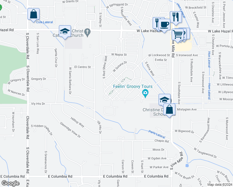 map of restaurants, bars, coffee shops, grocery stores, and more near 11208 West Petunia Drive in Boise