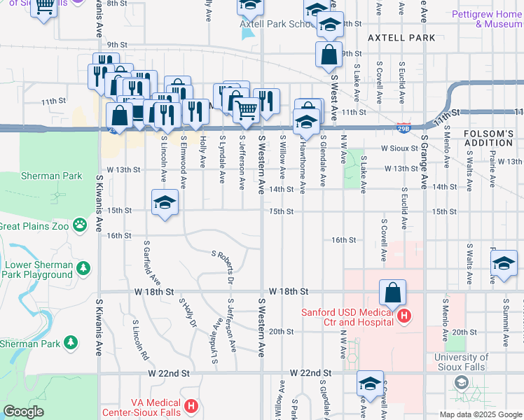 map of restaurants, bars, coffee shops, grocery stores, and more near 701 South Western Avenue in Sioux Falls