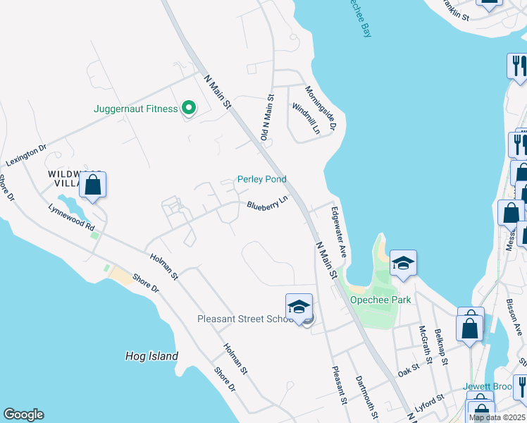 map of restaurants, bars, coffee shops, grocery stores, and more near 30 Blueberry Lane in Laconia