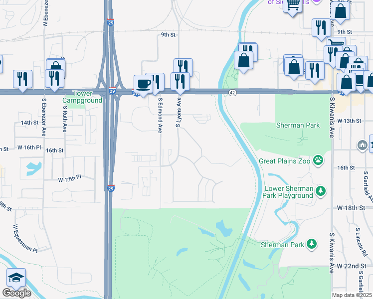 map of restaurants, bars, coffee shops, grocery stores, and more near 4124 West Newcomb Drive in Sioux Falls