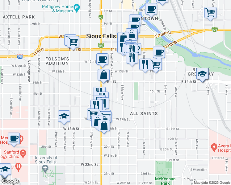 map of restaurants, bars, coffee shops, grocery stores, and more near 628 South Dakota Avenue in Sioux Falls