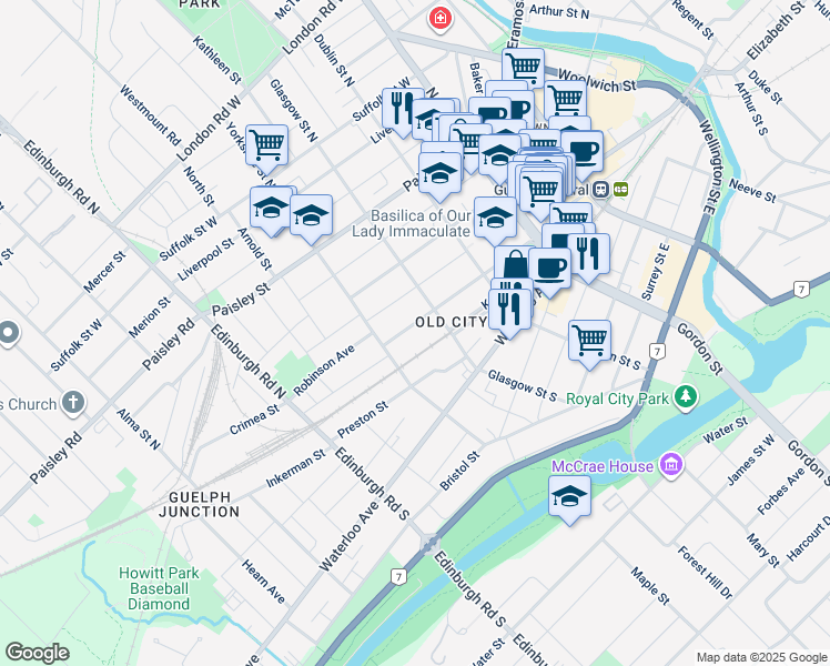 map of restaurants, bars, coffee shops, grocery stores, and more near 124 Northumberland Street in Guelph