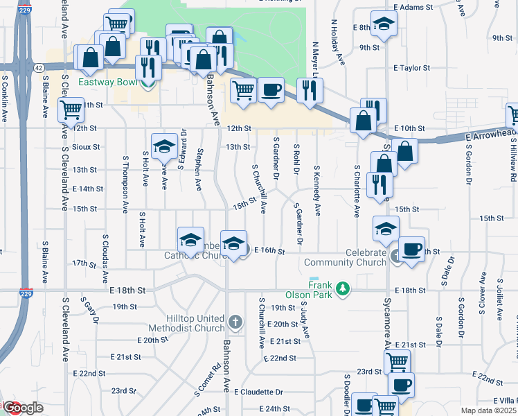 map of restaurants, bars, coffee shops, grocery stores, and more near 905 South Churchill Avenue in Sioux Falls