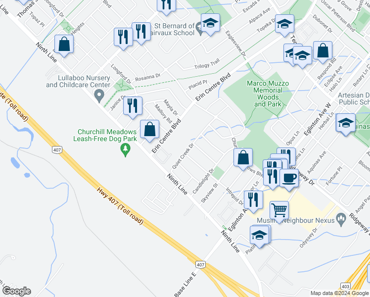 map of restaurants, bars, coffee shops, grocery stores, and more near 3833 Quiet Creek Drive in Mississauga
