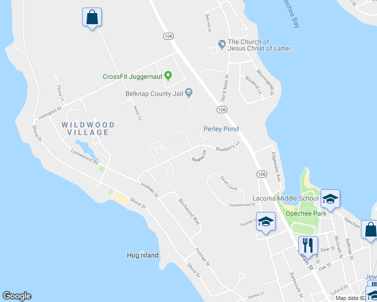 map of restaurants, bars, coffee shops, grocery stores, and more near 116 Blueberry Lane in Laconia